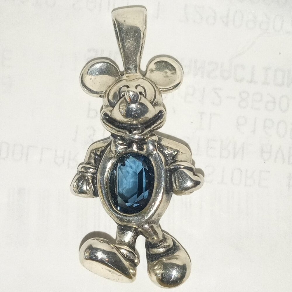 Vintage Disney 925 Sterling Silver Mickey Mouse Pendant Blue Crystal 7.2g